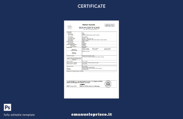 modello di certificato di morte dell'Australia occidentale in stile verificato n